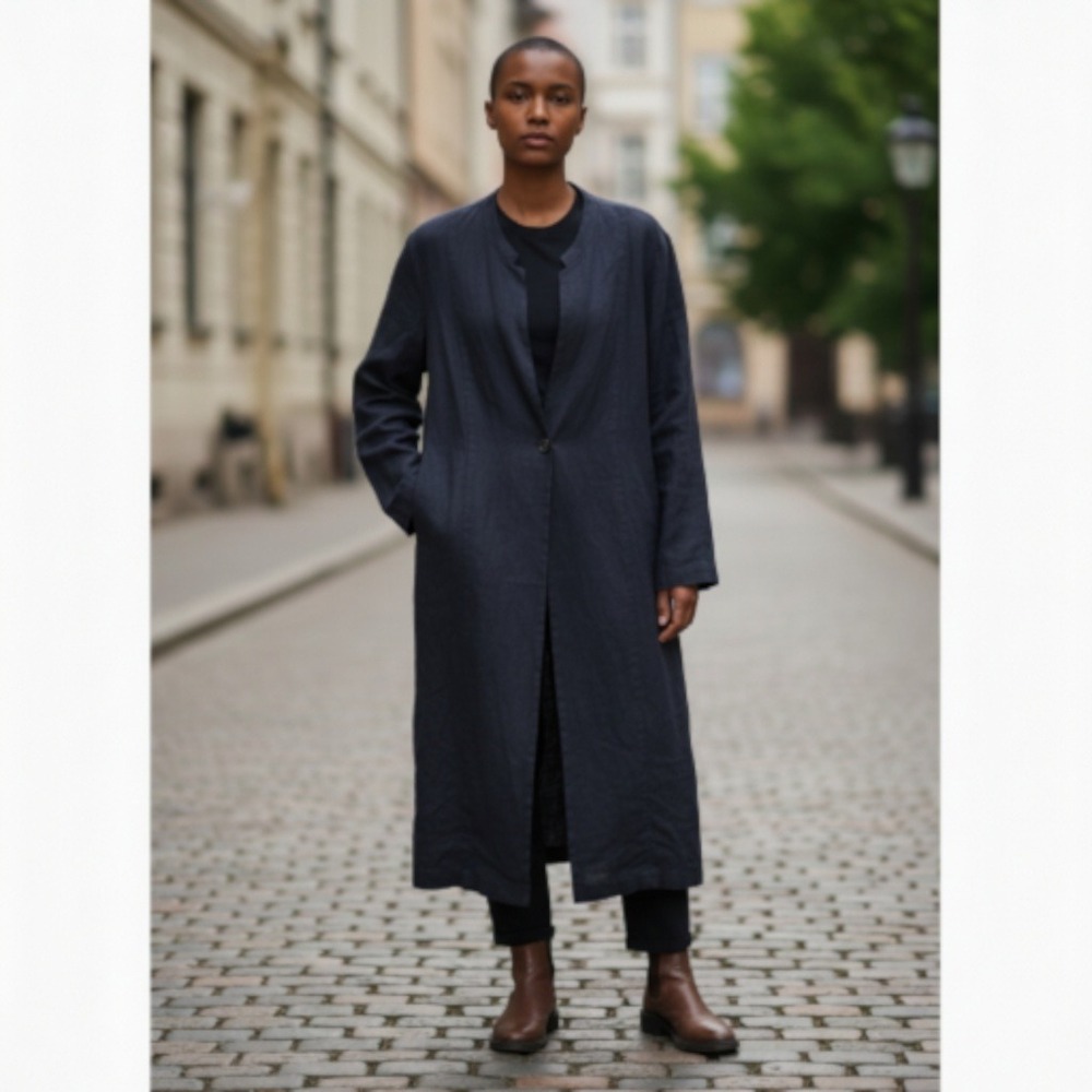 Poetry‎ UK 14 US 10 Long Linen Blend Duster Coat Washed Black NWT Minimalist